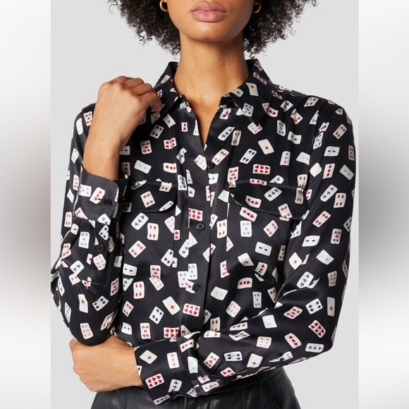 Equipment | Annelie Playing Cards Print Button Down Satin Top Playing Cards Silk - Picture 8 of 16